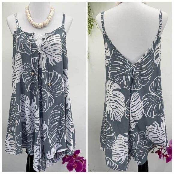 Kau wela Summer Mini Romper Beach Boho Romper Gypsy Overall Wide Leg Monstera - Picture 14 of 16